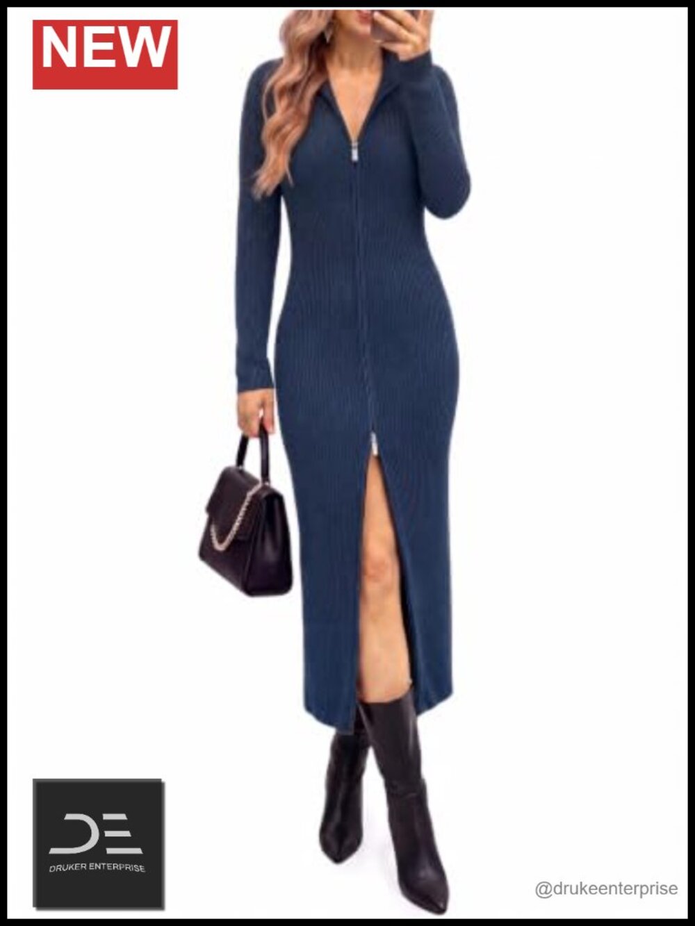 Women's Long Sleeve Midi Dress Ribbed V Neck Zipper Slim Fit